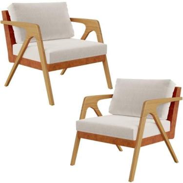 Imagem de Kit 02 Poltronas Sala L02 material sintético Camel Linho Cru - LYAM DE