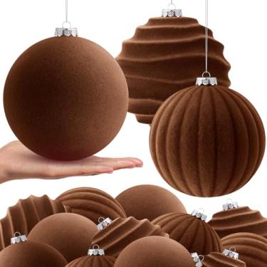 Imagem de Syhood 8 bolas de veludo de 15 cm, bolas de veludo para árvore de Natal, bolas de plástico para pendurar em árvore de Natal, guirlanda de casa, decoração de festa de casamento (marrom)