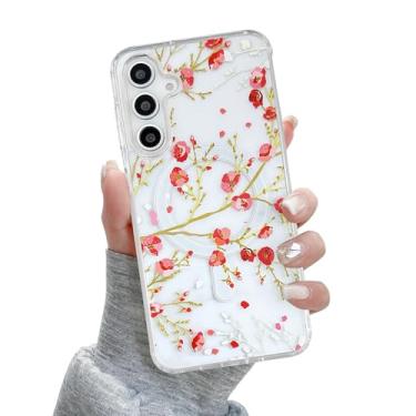 Imagem de QLTYPRI Capa para Samsung Galaxy A15 5G, compatível com Magsafe, capa de telefone com flores florais fofas estéticas, capa magnética transparente antiamarelamento à prova de choque para mulheres e