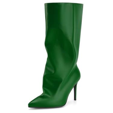 Imagem de Perisis Botas femininas despojadas cano médio pretas longas de puxar salto agulha bico fino botas de tubarão para mulheres sexy moda, Verde pu, 38