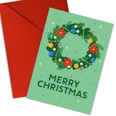 Imagem de Cartão de Feliz Natal com design de guirlanda de férias, cartão de felicitações de Natal verde festivo para amigos e colegas de trabalho, cartão de feriado elegante com flores vermelhas e ornamentos