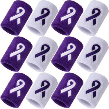 Imagem de ramede Pacote com 12 pulseiras de conscientização do câncer, fita branca roxa esportiva, faixa de conscientização do câncer, pulseira bordada para próstata Alzheimer, prevenção pancreática, eventos da