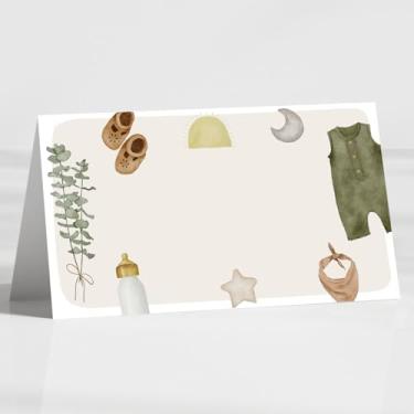 Imagem de Pacote com 120 cartões de lugar de roupas, 8,9 cm x 5 cm cartões de nome de barraca de mesa dobráveis, etiquetas de alimentos para roupas verdes chá de bebê festa de aniversário recepção mesas de