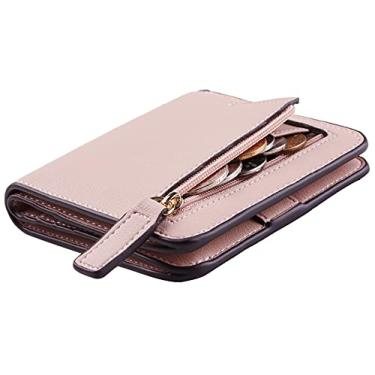 Imagem de Carteira feminina com bloqueio de RFID, pequena, compacta, dobrável, bolso duplo, mini bolsa feminina com janela para identidade, rosa, Slim