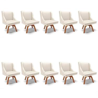 Imagem de Kit 10 Cadeiras Estofadas Para Sala De Jantar Base Giratória De Madeira Lia Sintético Bege - Ibiza
