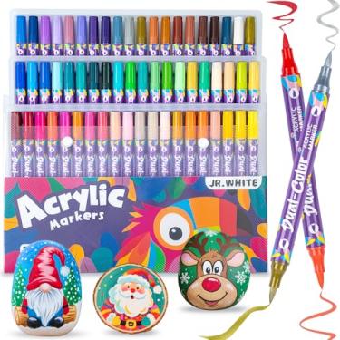Imagem de 120 marcadores de tinta acrílica de cores vibrantes, 60 canetas de ponta dupla, pincel e ponta fina, materiais de arte não tóxicos para pintura rupestre, artesanato DIY, diário, marcadores de colorir