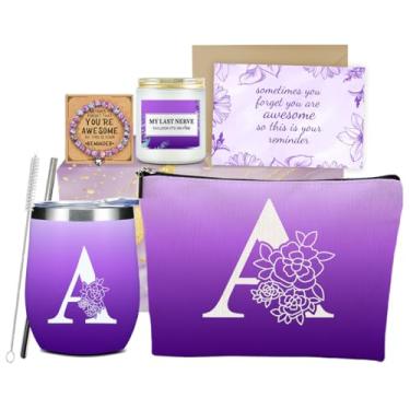 Imagem de Inicial A Monograma Presentes Personalizados Presentes de Aniversário para Mulheres Meninas Irmã Mãe Dama de Honra Noiva Amigo Bolsa de Maquiagem Copo de Vinho Conjunto de Velas Perfumadas para Natal