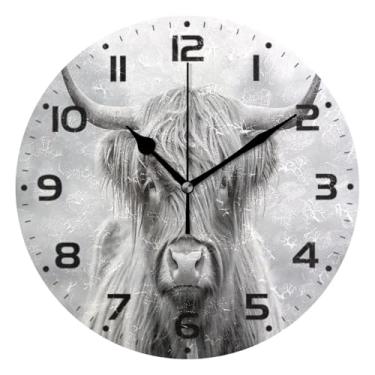 Imagem de JUZIHAI Relógio de parede Highland Cow, silencioso, redondo, sem tique-taque, operado por bateria, fácil de ler, relógio decorativo de parede para casa, cozinha, sala de estar, quarto, escritório, 25
