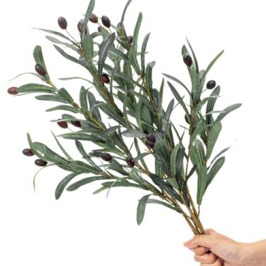Imagem de Norme 4 ramos falsos de oliveira de 68 cm com azeitonas realistas para vasos, folhas de oliveira, ramos de plantas, grandes e altos, vegetação artificial, decoração de vegetação para mesa de centro de