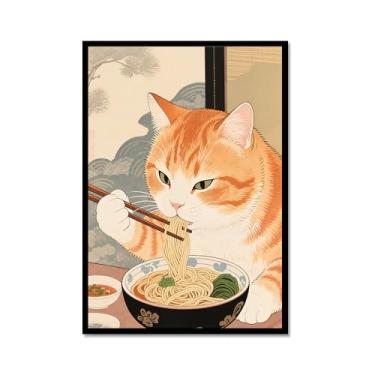 Imagem de Arte de parede em tela de gato preto engraçado vintage japonês gato comendo ramen imagem única para amantes de gatos para decoração de parede de cozinha e sala de jantar (SKU4,12 x 45,7 cm = (30 x 45