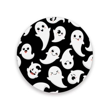Imagem de JUZIHAI Conjunto de 2 porta-copos de abóboras fofas de Halloween, porta-copos redondos de pedra de cerâmica absorvente de 9 cm com base de cortiça, tapete de proteção de mesa para cozinha, bar