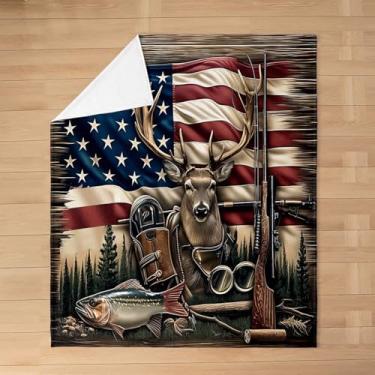 Imagem de Feelyou Cobertor de flanela de pesca e caça 127 x 152 cm, cobertor de lã de cabana com bandeira americana para pescador, veado, robalo, peixe, lago, cobertor felpudo para cabana, presentes rústicos,