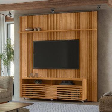 Imagem de Painel Tv 75 Pol 238cm Ripado Kalven Com Rack Bancada Nerion M20 - D`rossi Cumaru(fosco)