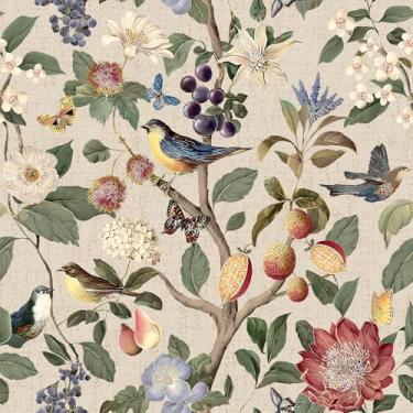 Imagem de VEELIKE Papel de parede vintage Chinoiserie Peel and Stick Cottagecore Bird Wallpaper com frutas 43 cm x 395 cm papel de parede floral bege removível papel de contato de pássaros autoadesivo para
