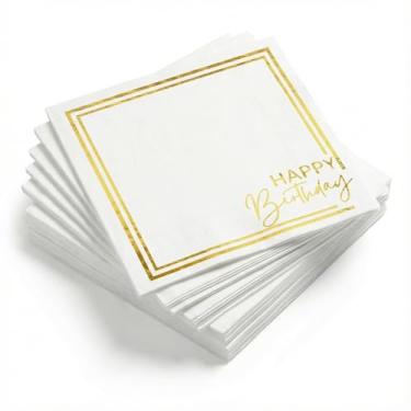 Imagem de Horaldaily Guardanapos decorativos de papel descartáveis de feliz aniversário, toalha de mão de celebração de folha de ouro branco para festa, almoço, jantar, cozinha, banheiro