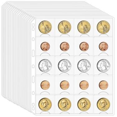 Imagem de Ettonsun Fichário de moedas para porta-cartões de 5 cm x 5 cm - 400 bolsos para moedas compatível com fichário para colecionar moedas de 4 anéis, 3 anéis, 20 folhas de moedas, porta-moedas