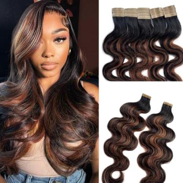 Imagem de Extensões de cabelo com fita adesiva para mulheres negras 61 cm realce ondas corporais em extensões de cabelo humano cor 1B/4/1B off preto desbotamento a marrom médio cola em extensões de cabelo