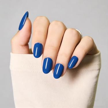 Imagem de Unhas de pressão azul escuro médio, unhas postiças azul marinho com cola de unha, kit de unhas de gel macio natural, cola reutilizável natural em 15 tamanhos, kit de 30 unhas falsas