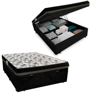 Imagem de Cama  Baú Casal  Suede +  Colchão Casal Ortobom Iso Dupla Face 60x138x188 preto