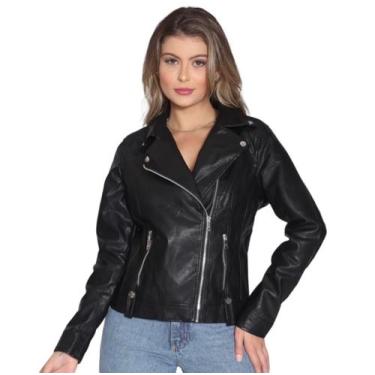 Imagem de Jaqueta de couro feminina moda frio - Fox 8, Preto, XG