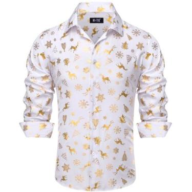 Imagem de Camisa de Natal Hi-Tie White Gold Reindeer para homens