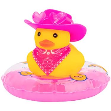 Imagem de wonuu Decoração de pato de borracha de carro, acessórios de decoração de painel de carro de pato cowboy ocidental com mini anel de natação chapéu de cowboy cachecol e óculos de sol (C_lenço rosa