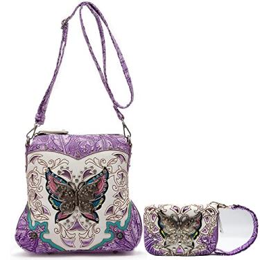 Imagem de Bolsa de ombro única feminina com estampa de flor de borboleta, bolsa de ombro única, Conjunto nº 2 roxo