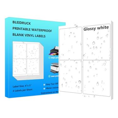 Imagem de Etiquetas de envio de adesivos brancos brilhantes à prova d'água, 10 x 12,7 cm, 4 lalebs de endereço de vinil para impressoras a laser ou jato de tinta, 20 folhas 80 etiquetas adesivas permanentes no