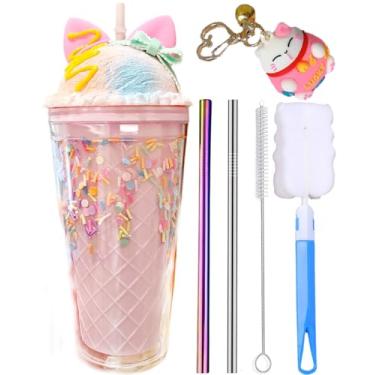 Imagem de seelucky Copo de viagem de sorvete com canudo para festa de gelo, copo de café, bolha, chá, presente de aniversário (sorvete de morango, 450 ml)
