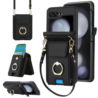 Imagem de Capa de telefone para Samsung Galaxy Z Flip 6 5G 2024 capa carteira com anel e alça de pulso transversal cordão suporte para cartão de crédito slot suporte bolsa de couro celular ZFlip6 Z6 G Flip6