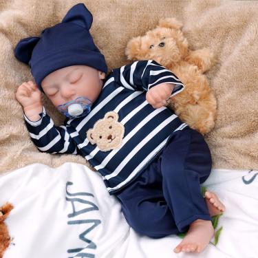 Imagem de SHENGX Bebe Reborn Silicone Realista, Bebê Dormindo Com Os Olhos Fechados, Vestindo Pijama Azul.Boneca De Silicone Artesanal Realista, Boneca Com Bico De Mamadeira Acessórios,menino
