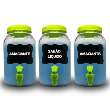 Imagem de KIT LAVANDERIA 3 POTES COM TORNEIRA PARA SABÃO LIQUIDO, AMACIANTE E ALVEJANTE, AMBOS COM 3 LITROS COM LOUSA E GIZ