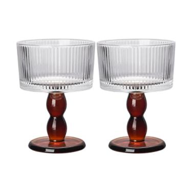 Imagem de Boxonly Taça de vidro listrada âmbar - Vidro vintage feito à mão de 200 ml com padrão texturizado, haste âmbar retrô, perfeita para champanhe, vinho, coquetéis e celebrações