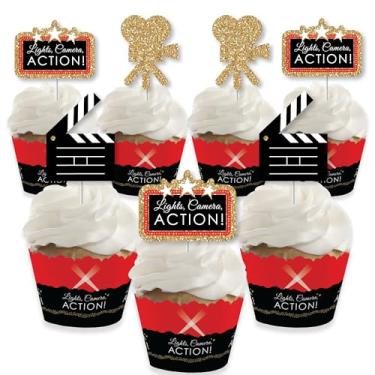 Imagem de Big Dot of Happiness Red Carpet Hollywood – Decoração de cupcake – Kit de palhetas de cupcake e cupcake de festa noturna de filme – Conjunto de 24
