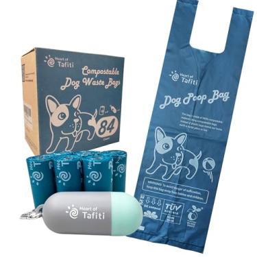 Imagem de Heart of Tafiti Bolsa para cocô de cachorro 100% compostável para casa com alça fácil de amarrar, bolsa extragrossa e forte à prova de vazamento, à base de vegetais, ecológica, sem cheiro, tamanho 23 x 40 cm, 80 unidades com dispensador