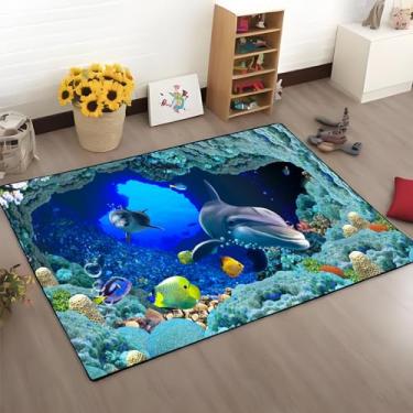 Imagem de Tapete antiderrapante com estampa de tartarugas golfinhos azuis, praia, oceano, azul-petróleo, tema marinho, tapete antiderrapante, quarto, sala de estar, sofá, berçário, decoração (mar-10, 100 cm x