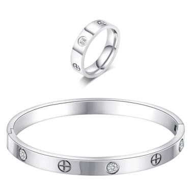 Imagem de Pulseira de amor da amizade banhada a ouro 18 K com anel conjunto de joias para mulheres, pulseira oval de aço inoxidável, simples, articulada, zircônia cúbica, pedras, bracelete, melhores presentes