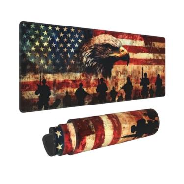 Imagem de Tapete de mouse para jogos Águia careca e soldado americano, grande base de borracha antiderrapante GG 80 x 30 cm, tapete de mouse com teclado, tapete de mesa com bordas costuradas para casa e