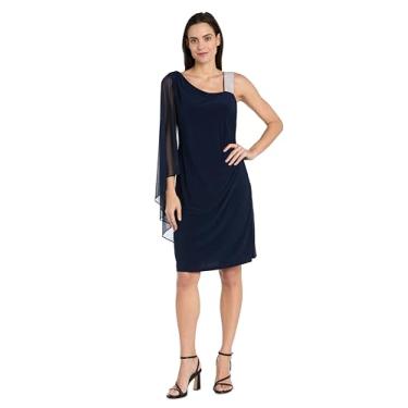 Imagem de R&M Richards Vestido de ombro único com alça de strass e capa de chiffon fosco, Azul marino, 40