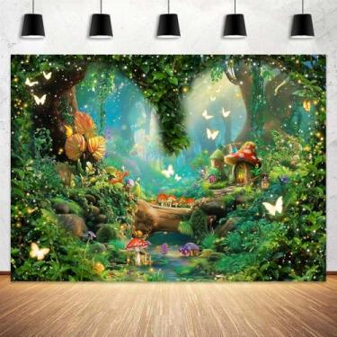 Imagem de 1,5 x 0,9 m Floresta de Primavera Encantada Pano de Fundo Encantado Conto de Fadas Floresta Verde Jardim Fantasia Cogumelo Borboleta Fundo Meninas Aniversário Chá de Bebê Decoração Banner Foto Cabine
