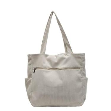 Imagem de MINGRI Bolsa feminina de veludo cotelê de lona com cordão de ombro com bolso interno, bolsa carteiro com zíper, Branco