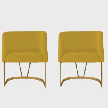 Imagem de Kit 02 Poltrona Cadeira Aurora Luxo Confort Industrial Ferro Dourado Suede Amarelo - Ahz Móveis