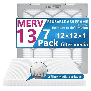 Imagem de OlitAir Filtro de ar MERV 13 12 x 12 x 1 , filtro de ar para fornalha AC, moldura de plástico ABS reutilizável, pacote com 7 meios de filtro substituíveis (tamanho real: 28 x 29 cm)
