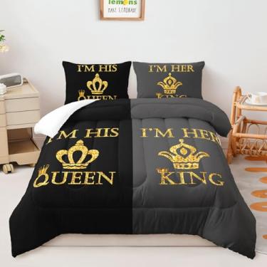 Imagem de AILONEN Conjunto de edredom King e Queen, coroa preta e cinza, tamanho Queen, com tema romântico, 1 colcha + 2 fronhas, 3 peças, microfibra macia