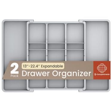Imagem de Organizador de gaveta expansível cinza pacote com 2, ajustável de 33 a 56 cm, organizador de talheres com 5 compartimentos para utensílios de cozinha, espátulas, talheres e ferramentas, fácil de