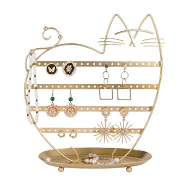 Imagem de NIKKY HOME Suporte organizador de brincos de gato, suporte de metal, joias, árvore, mesa, suporte de orelha, torre, bandeja de anel e gancho para meninas (80 furos), dourado