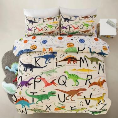 Imagem de A Nice Night Conjunto de edredom solteiro com desenho de dinossauro, 5 peças, para crianças de 3 a 15 anos, cama de poliéster macio para todas as estações, com edredom e fronha
