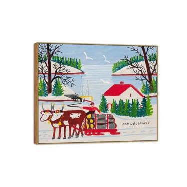 Imagem de Maud Lewis Famosa Pintura-Impressões em Tela Reprodução-Quadro Sala de Estar(Oxen Hauling Logs 3) 70x85cm-27x33in Moldura de Wooden