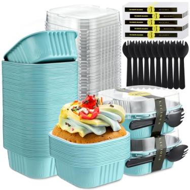 Imagem de Sliner 100 miniformas de bolo de 293 ml com tampas, folha de alumínio, descartáveis, mini copos de bolo com adesivo de garfo, formas quadradas de cupcake para cozinha, festa, casamento, aniversário