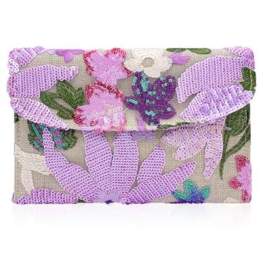 Imagem de Bolsa clutch de casamento bordada de lantejoulas para mulheres - Bolsa de noite com envelope floral, Roxa